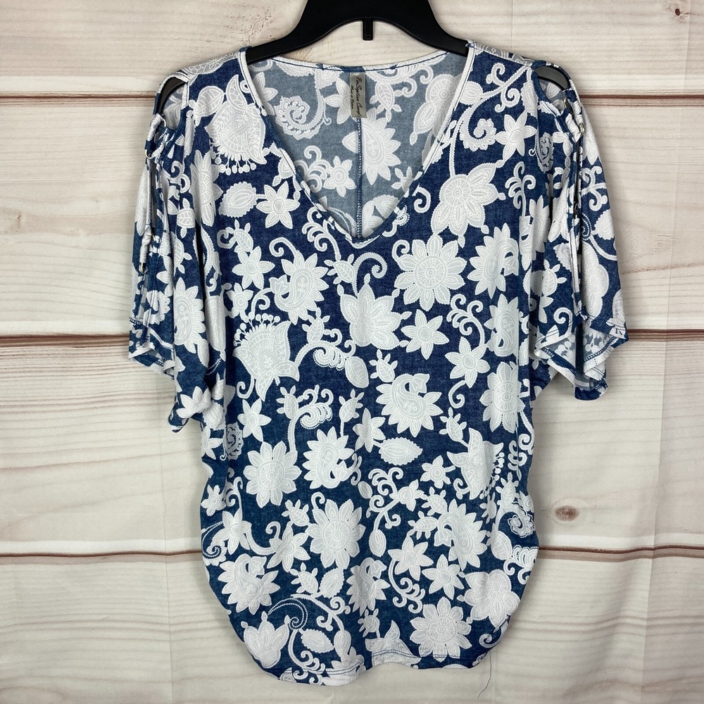 PerSeption Concept Top Women Medium Texture Knit Dolman Sleeve Blue White Floral